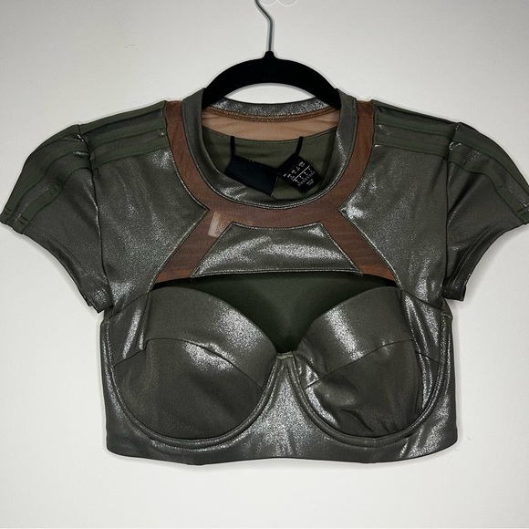 Adidas Ivy Park Metallic Green Brown Short Sleeve Cropped Bikini Swim Top - Picture 4 of 10